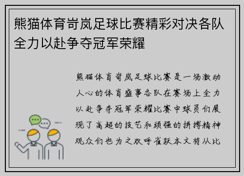 熊猫体育岢岚足球比赛精彩对决各队全力以赴争夺冠军荣耀