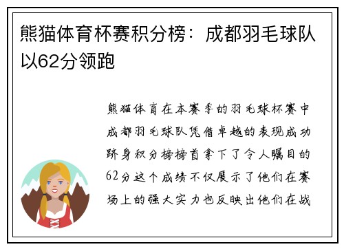 熊猫体育杯赛积分榜：成都羽毛球队以62分领跑
