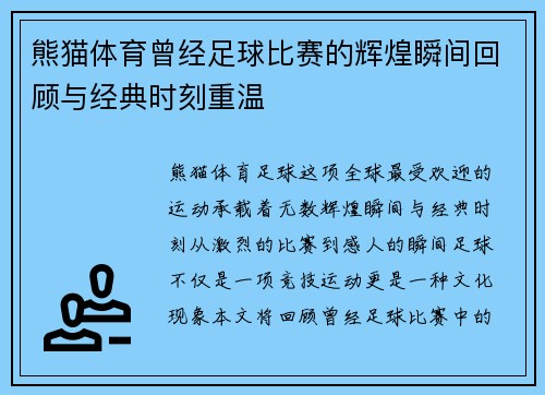 熊猫体育曾经足球比赛的辉煌瞬间回顾与经典时刻重温