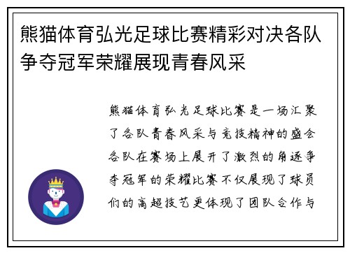 熊猫体育弘光足球比赛精彩对决各队争夺冠军荣耀展现青春风采